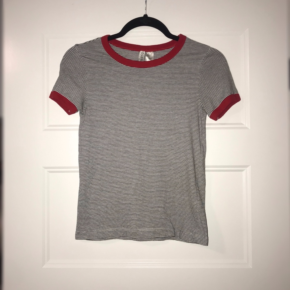 Black and white striped T-Shirt w/ red collar
